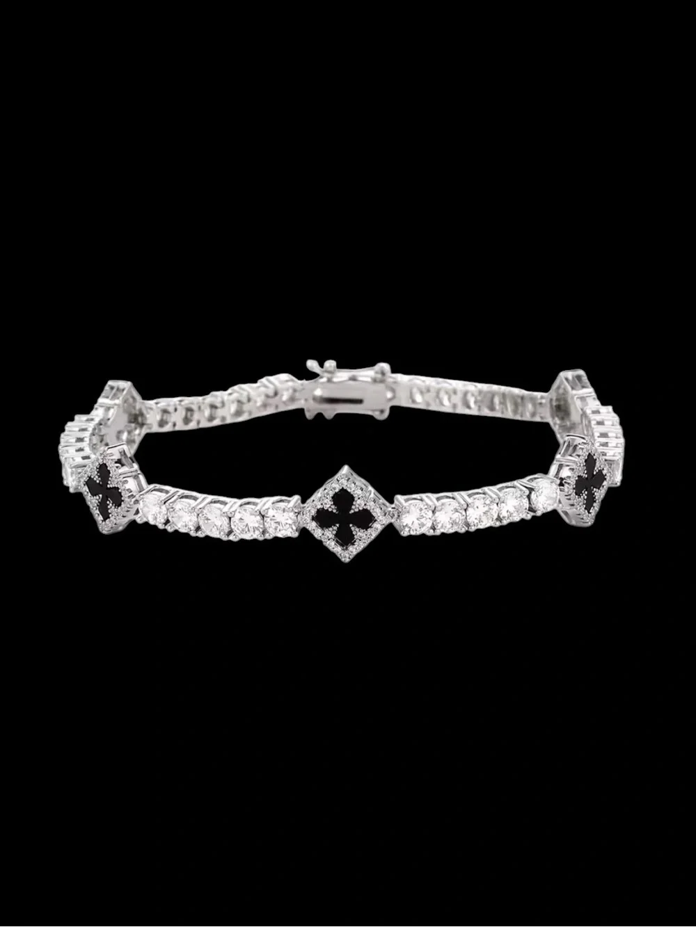✨ Lucky Clover Iced-Out Tennis Bracelet | 4mm CZ Chain | Black Enamel Clover 🖤✨ - Picture 6 of 9